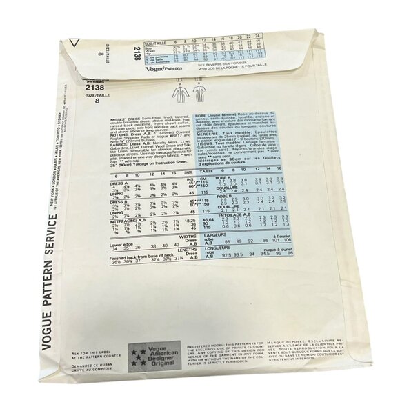 Calvin Klein Vogue American Designer Pattern 2138 Misses Dress Size 8 - Picture 2 of 3